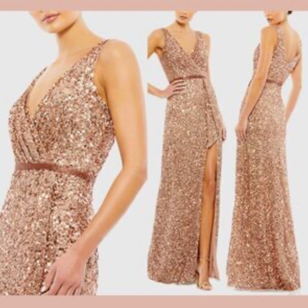 Mac Duggal Gold Sequin Maxi Gown with V-Neck and Slit